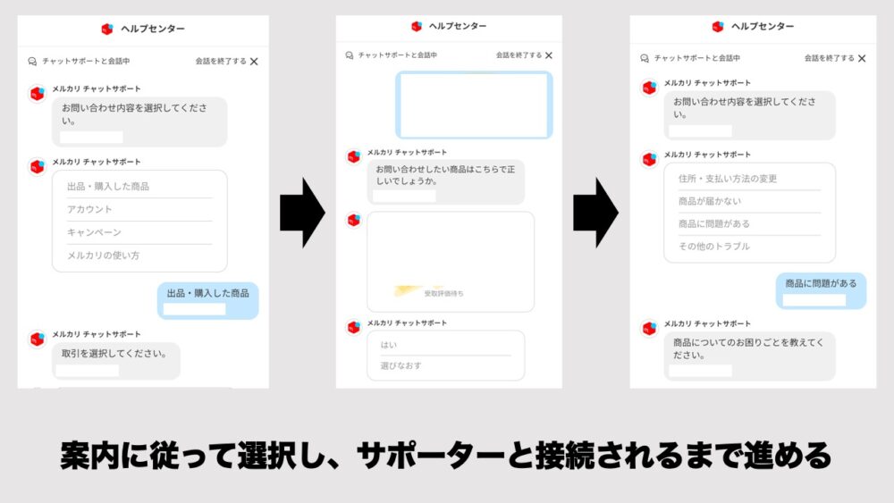 するとメルカリチャットサポートの画面に接続するので、案内に従って内容を絞り込んでいきます。